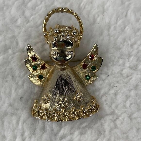 Vintage‎ Christmas Angel Brooch 2" Pin Gold Tone Red Green Rhinestones - Picture 3 of 10
